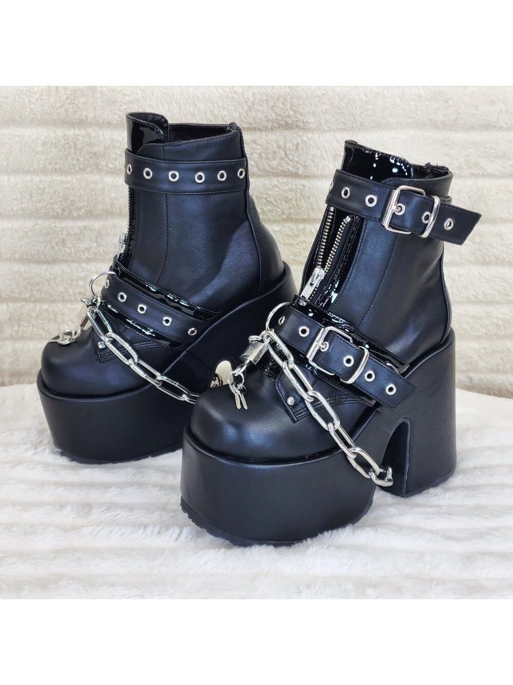 Camel Chain & Padlock Platform Block Heel Goth Ankle Boots Front Zipper & Straps
